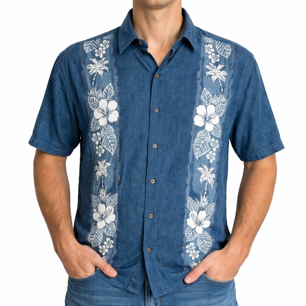 Campia Moda Hawaiian Shirt 3XL Floral Tropical Flowers Palms Dark Blue White